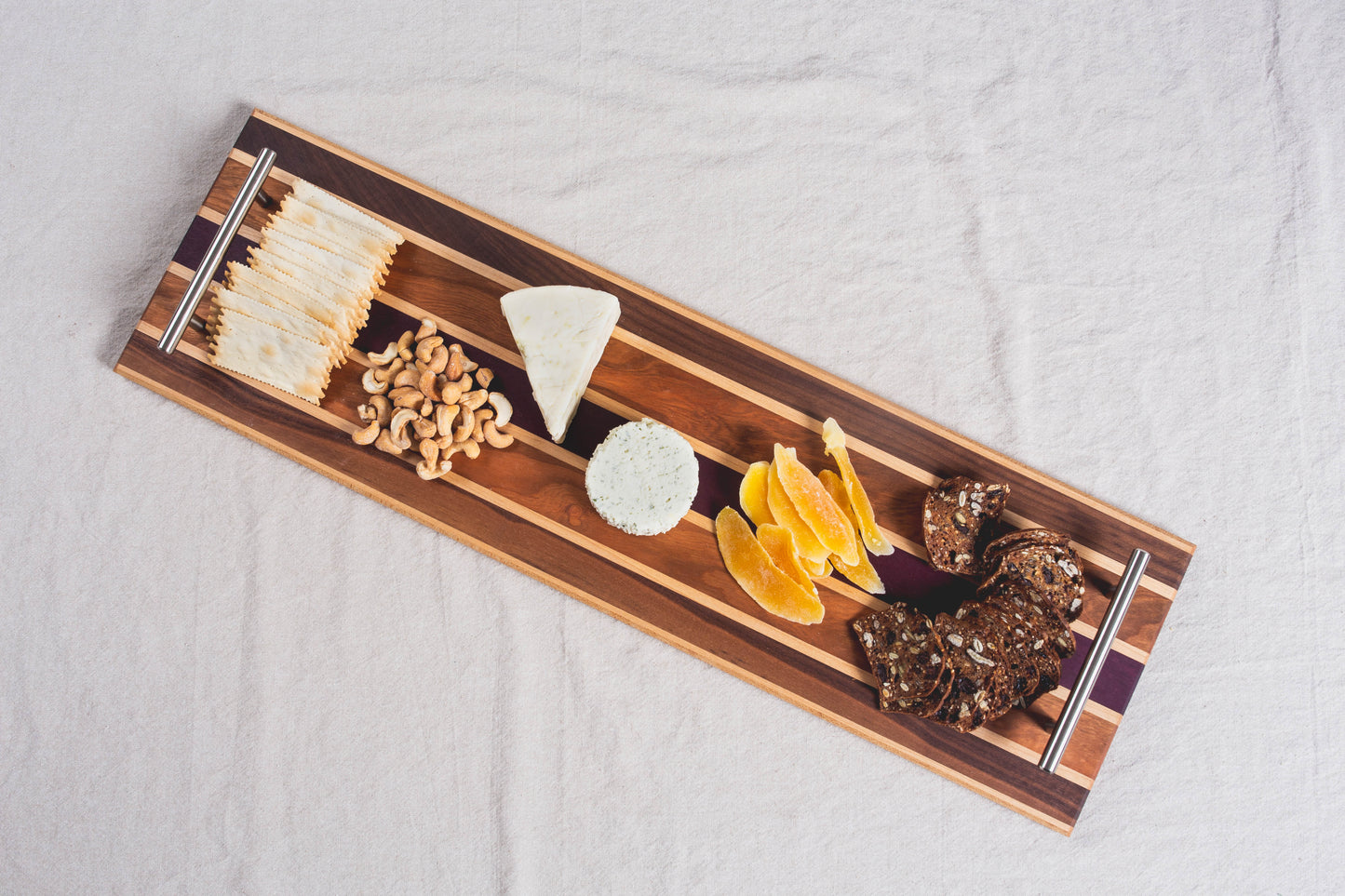 Extra Large Charcuterie Board with Stainless Steel Handles, Maple, Alder, Purple Heart