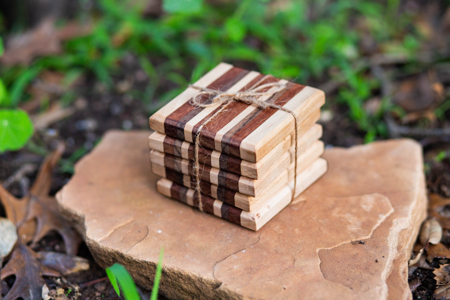 Multi-wood Coasters Set of 5, Maple and Sapele with Walnut Accents