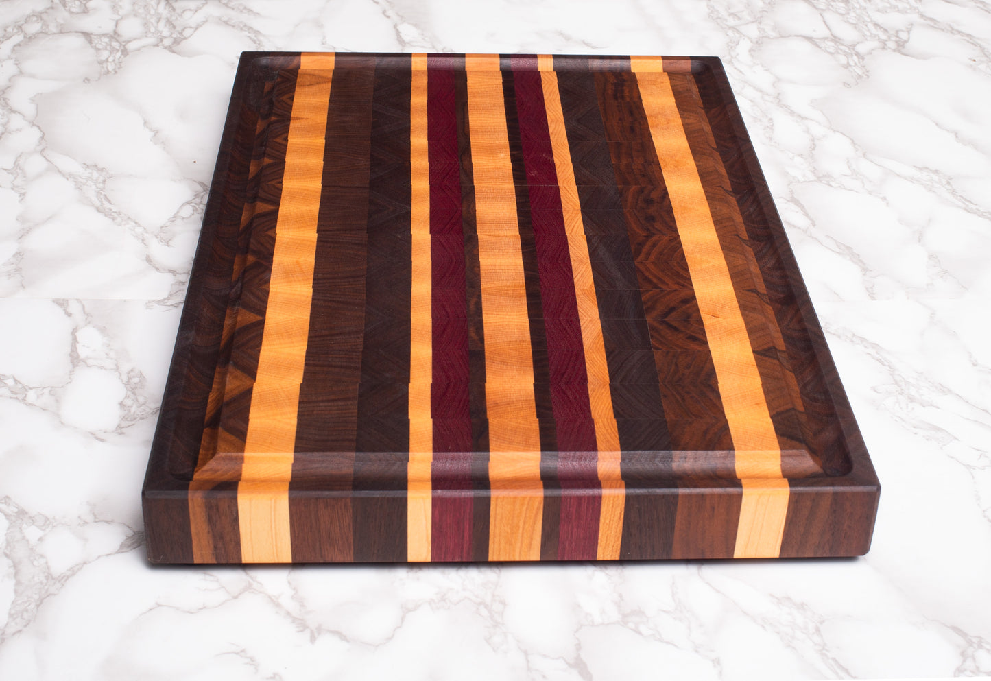 Large Multi-Wood Endgrain Cutting Board with Well and Rubber Feet